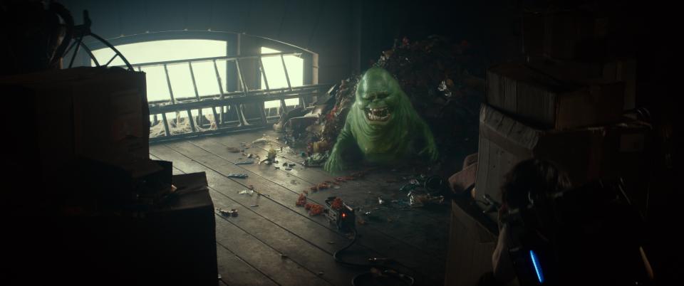 Slimer in a trash pile in Columbia Pictures’ GHOSTBUSTERS: FROZEN EMPIRE.