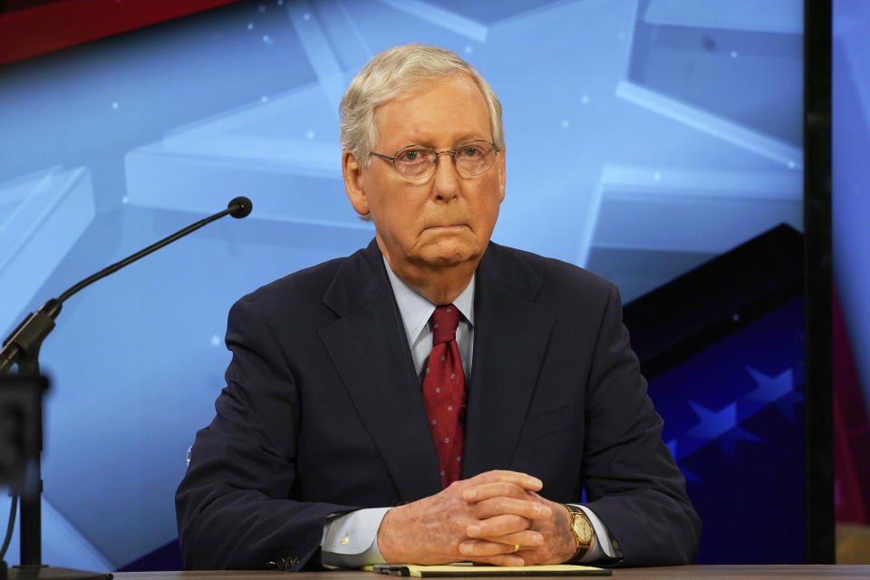 Senate Majority Leader Mitch McConnell, R-Ky., prepares for the start of his debate with democratic candidate Amy McGrath in Lexington, Ky., Monday, Oct. 12, 2020. (Michael Clubb, The Kentucky Kernel via AP Pool)