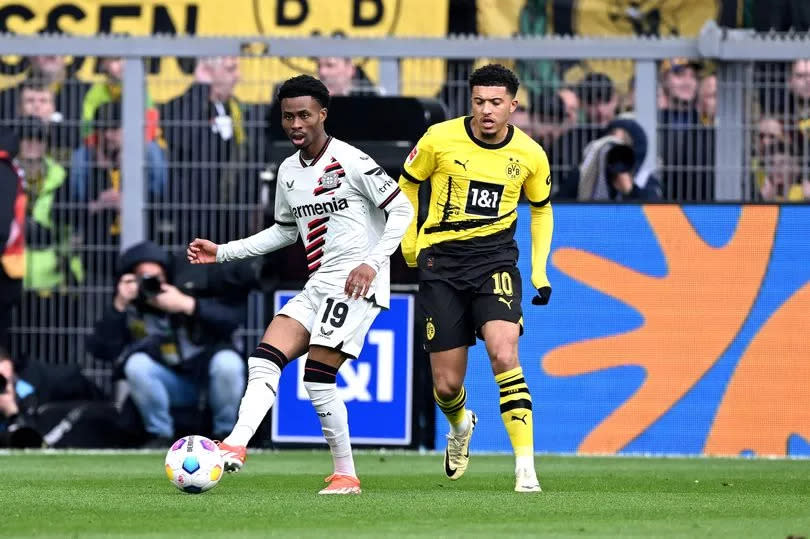 Nathan Tella and Jadon Sancho during the Bundesliga match between Borussia Dortmund and Bayer 04 Leverkusen