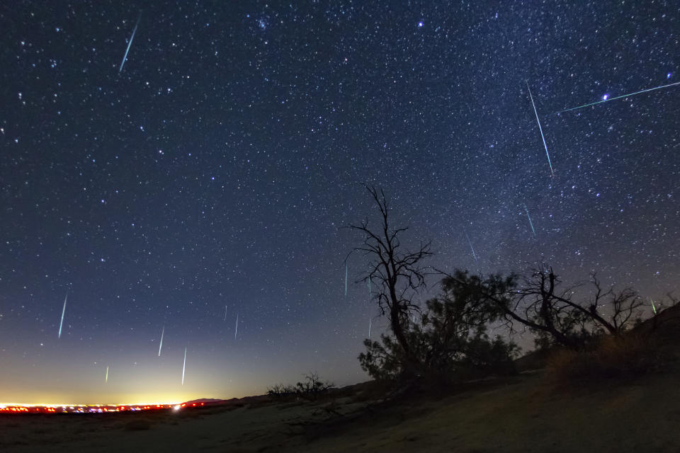 Picture of the  Geminids meteor shower on 2017 at Anza-Borrego Desert State Park, it is suggested to view the shower from a national park, away from the city lights to best see the meteors