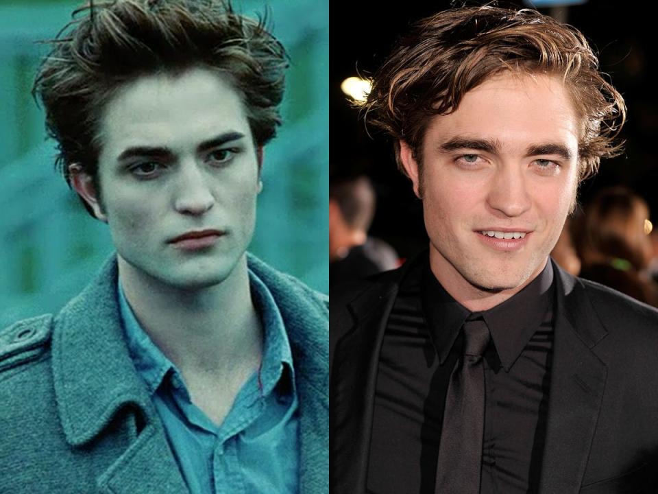 Left: Robert Pattinson as Edward in "Twilight." Right: Pattinson at the LA premiere of "Twilight" in November 2008.