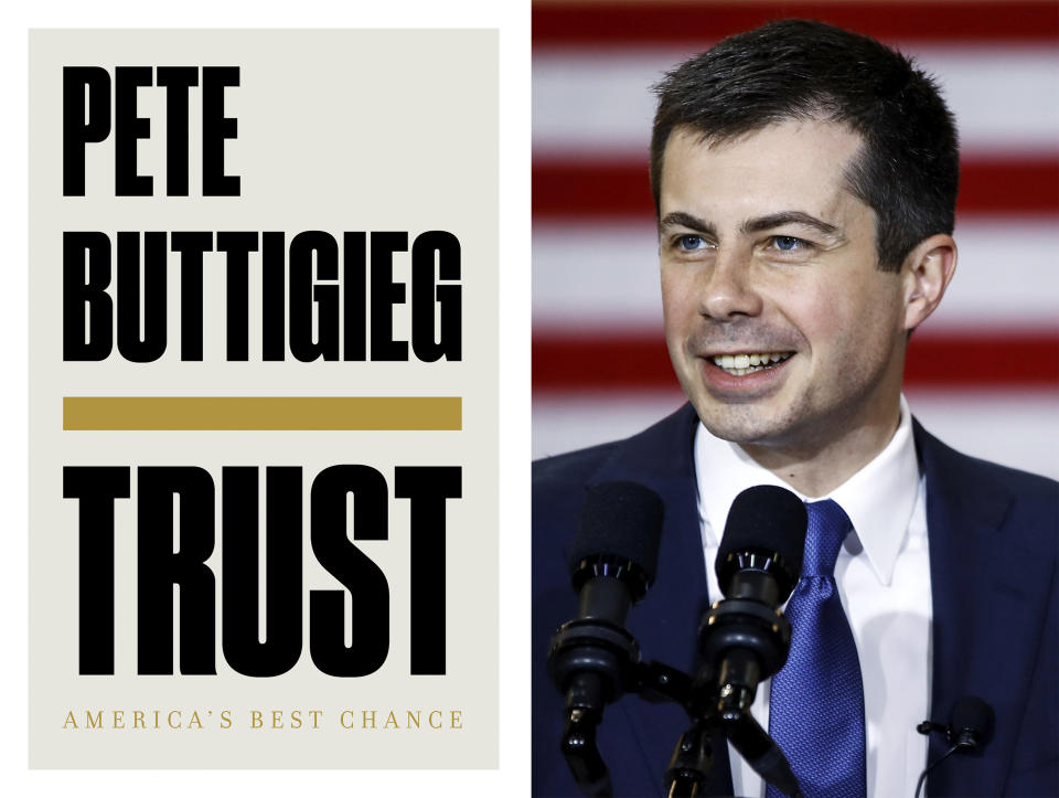 The cover of "Trust: America's Best Chance" written by former Democratic presidential candidate and South Bend, Indiana, mayor Pete Buttigieg, pictured right during a campaign event in North Charleston, S.C. on Feb. 24, 2020. The book is scheduled for release on Oct. 6. (Liveright via AP, left, and AP Photo)