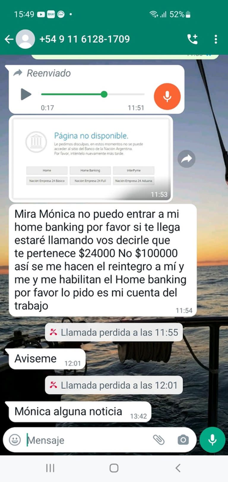 El mensaje del estafador, diciendo que había transferido dinero de más por error; no hay que confiar en un comprobante enviado por un mensaje, sino confirmarlo con el home banking o en la sucursal del banco