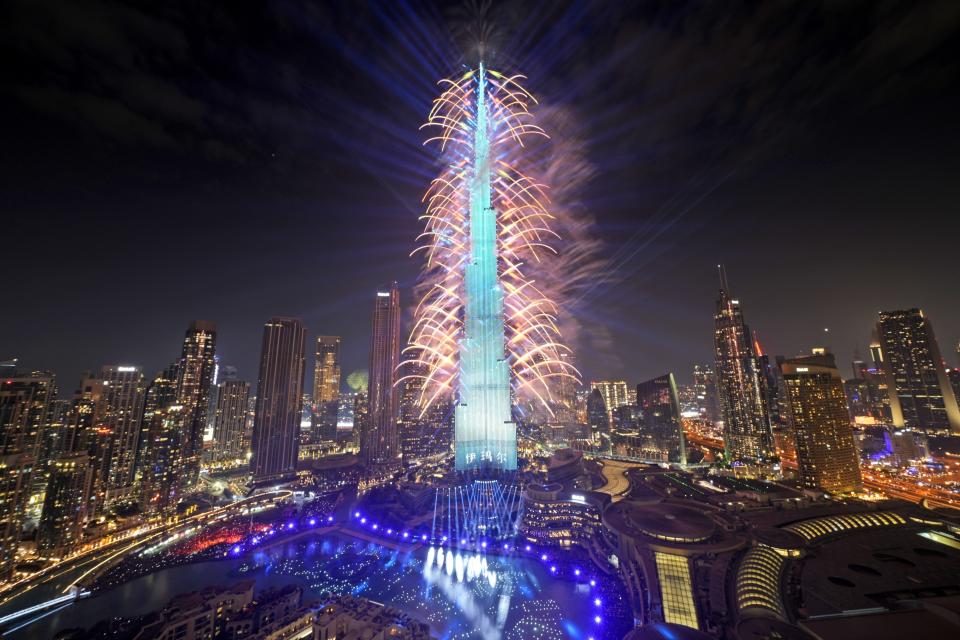 Fireworks explode at the Burj Khalifa, the world's tallest building, during the New Year's Eve celebration, in Dubai, United Arab Emirates, Monday, Jan. 1, 2024. (AP Photo/Kamran Jebreili)