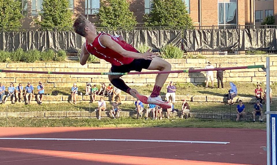 Ell-Saline Brogan Rowley attempts a clearance in the high jump during the Class 2A state track and field championship Friday, May 27, 2022 at Cessna Stadium in Wichita.