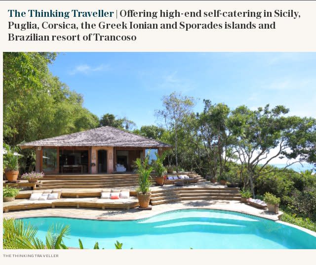 V2 | The Thinking Traveller | Offering high-end self-catering in Sicily, Puglia, Corsica, the Greek Ionian and Sporades islands and Brazilian resort of Trancoso