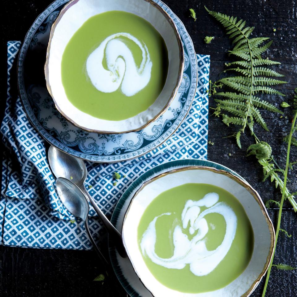 Green Garlic and Pea Soup with Whipped Cream