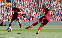 Soccer Football - Premier League - Liverpool vs Brighton & Hove Albion - Anfield, Liverpool, Britain - May 13, 2018 Liverpool's Andrew Robertson scores their fourth goal Action Images via Reuters/Carl Recine
