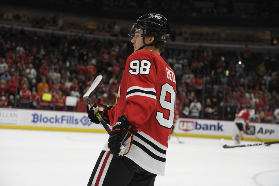 Chicago Blackhawks' Connor Bedard looks on during warmups before an NHL hockey game against the Vegas Golden Knights, Saturday, Oct. 21, 2023, in Chicago. (AP Photo/Paul Beaty)