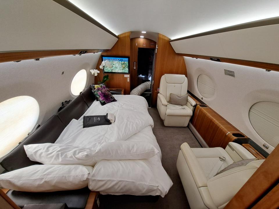 The private cabin towards the aft of the plane leads through to a bathroom, and cargo area.
