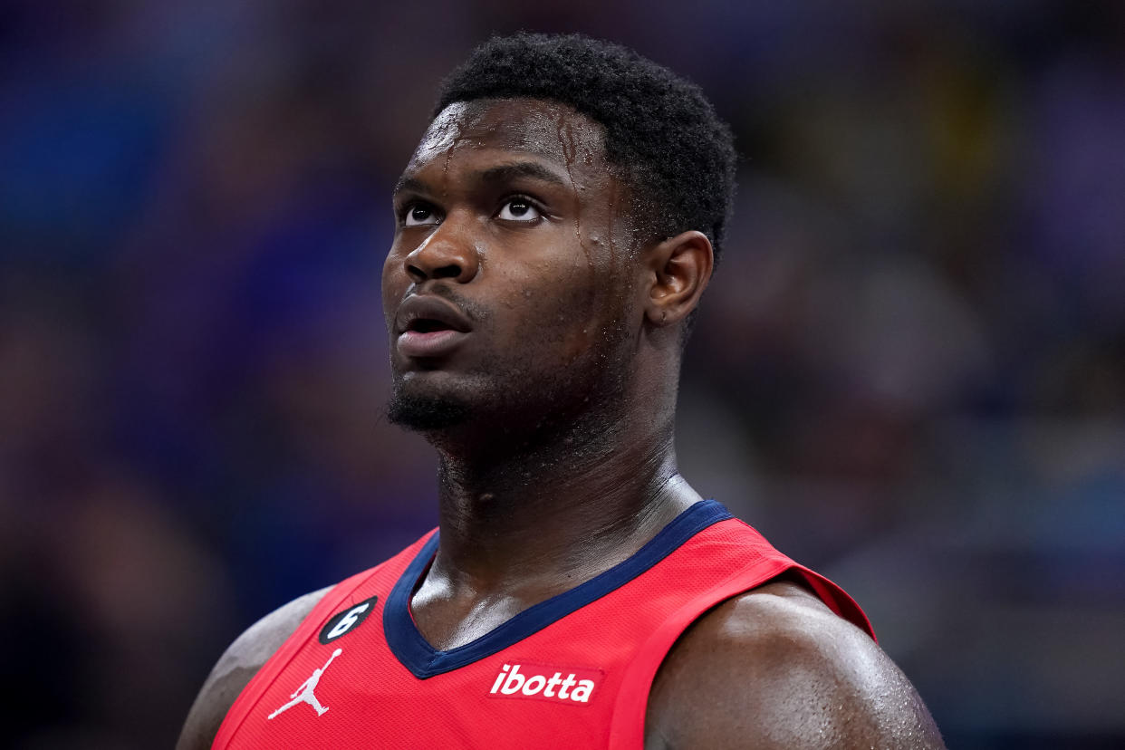 INDIANAPOLIS, INDIANA - NOVEMBER 07: Zion Williamson #1 of the New Orleans Pelicans looks on in the first quarter against the Indiana Pacers at Gainbridge Fieldhouse on November 07, 2022 in Indianapolis, Indiana. NOTE TO USER: User expressly acknowledges and agrees that, by downloading and or using this photograph, User is consenting to the terms and conditions of the Getty Images License Agreement. (Photo by Dylan Buell/Getty Images)