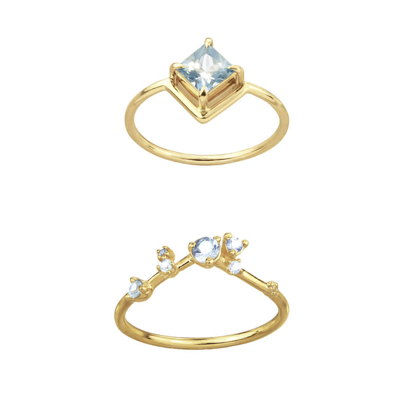 <a rel="nofollow noopener" href="https://wwake.com/collections/shop/products/one-of-a-kind-nestled-princess-cut-light-blue-sapphire-ring" target="_blank" data-ylk="slk:One Of A Kind Nestled Princess Cut Light Blue Sapphire Ring, WWAKE, $1691;elm:context_link;itc:0;sec:content-canvas" class="link ">One Of A Kind Nestled Princess Cut Light Blue Sapphire Ring, WWAKE, $1691</a><a rel="nofollow noopener" href="https://wwake.com/collections/shop/products/sapphire-organic-triangle-ring" target="_blank" data-ylk="slk:Sapphire Organic Triangle Ring, WWAKE, $877;elm:context_link;itc:0;sec:content-canvas" class="link ">Sapphire Organic Triangle Ring, WWAKE, $877</a>