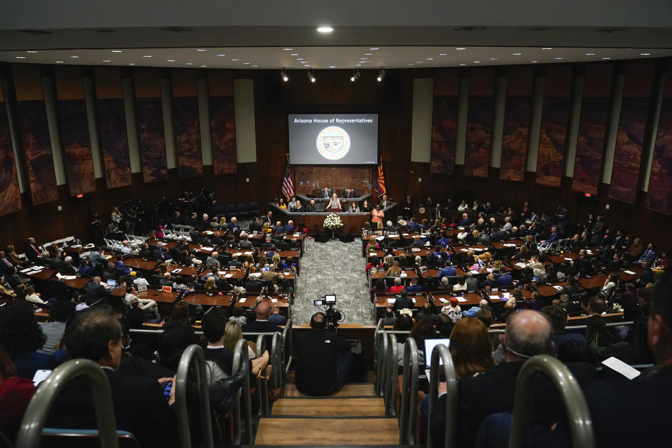 Arizona Democratic Gov. Katie Hobbs delivers the State of the State address at the state Capitol, Monday, Jan. 8, 2024, in Phoenix. (AP Photo/Ross D. Franklin)