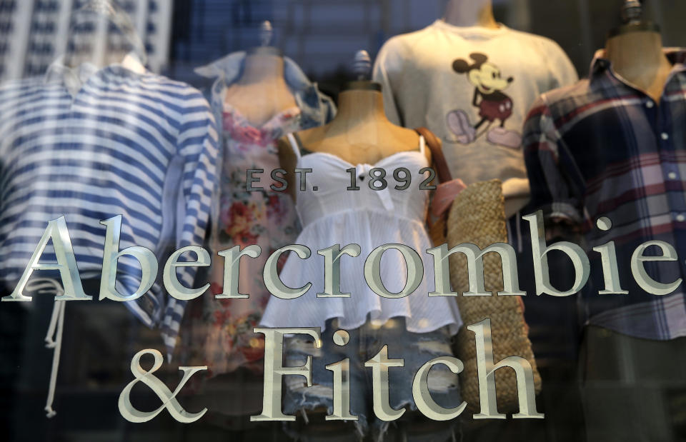 FILE- In this May 24, 2018, file photo, items are displayed at an Abercrombie and Fitch retail outlet in New York. Abercrombie and Fitch reports financial results Thursday, Nov. 29. (AP Photo/Seth Wenig, File)