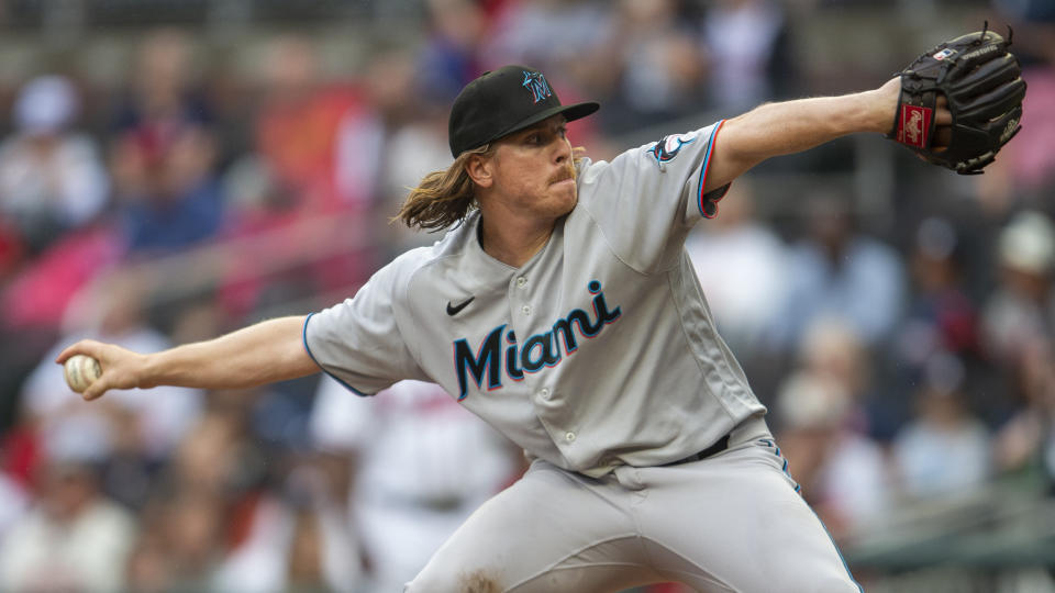 Miami Marlins relief pitcher Jeff Brigham throws in the fifth inning of a baseball against the Atlanta Braves, Sunday, Sept. 4, 2022, in Atlanta. (AP Photo/Hakim Wright Sr.)