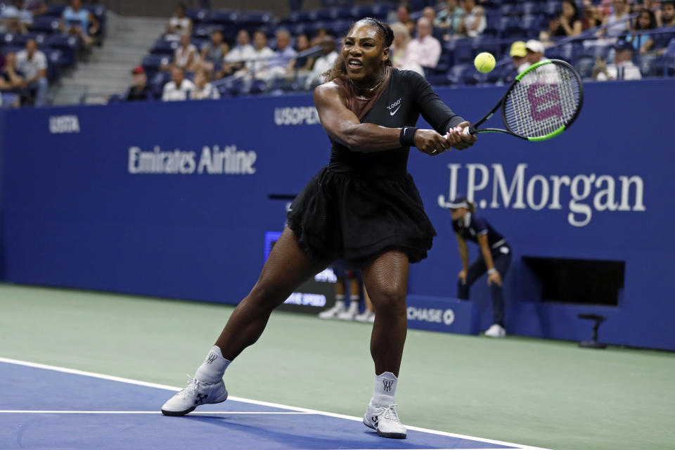 Serena Williams, of the United States, reaches for a shot from Karolina Pliskova, of the Czech Republic, during the quarterfinals of the U.S. Open tennis tournament Tuesday, Sept. 4, 2018, in New York. (AP Photo/Adam Hunger)