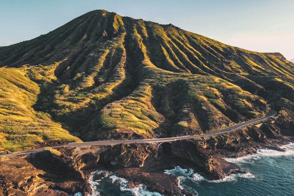 Aerial view of a coastal highway in Hawaii