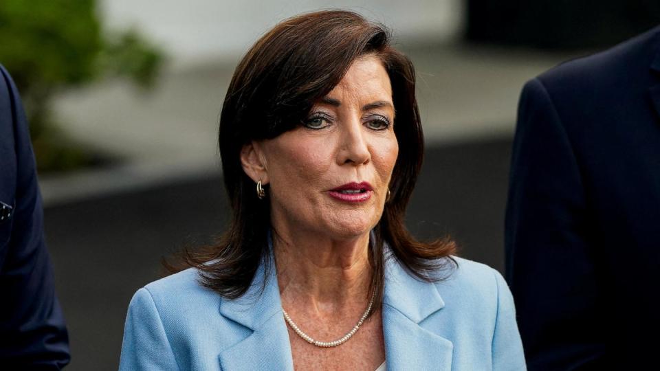 PHOTO: New York Governor Kathy Hochul speaks to the press after attending a meeting with President Joe Biden and other Democratic governors at the White House in Washington, DC, on July 3, 2024. (Elizabeth Frantz/Reuters, FILE)