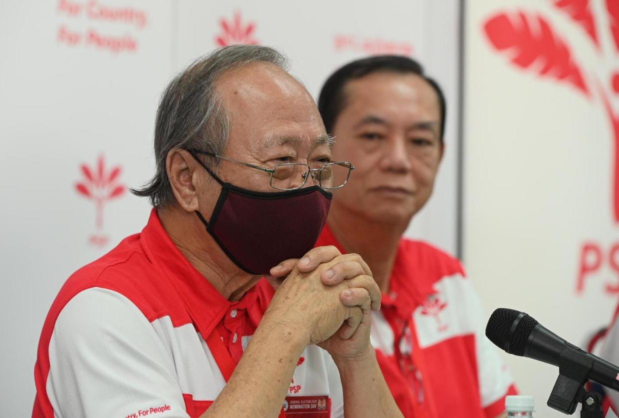 PSP chief Dr Tan Cheng Bock speaking to the media alongside party members on a post-election results press conference in the morning of 11 July, 2020. (PHOTO: Joseph Nair/Yahoo News Singapore)