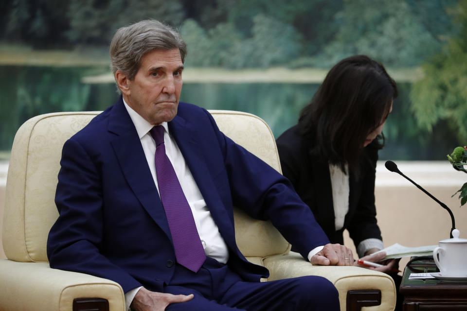 U.S. Special Presidential Envoy for Climate John Kerry attends a meeting with Chinese Premier Li Qiang, unseen, at the Great Hall of the People in Beijing Tuesday, July 18, 2023. (Florence Lo/Pool Photo via AP)
