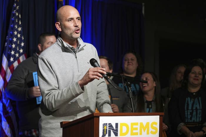 Ryan Mears delivers a victory speech after he was reelected as Marion County prosecutor on Nov. 8, 2022, in Indianapolis.