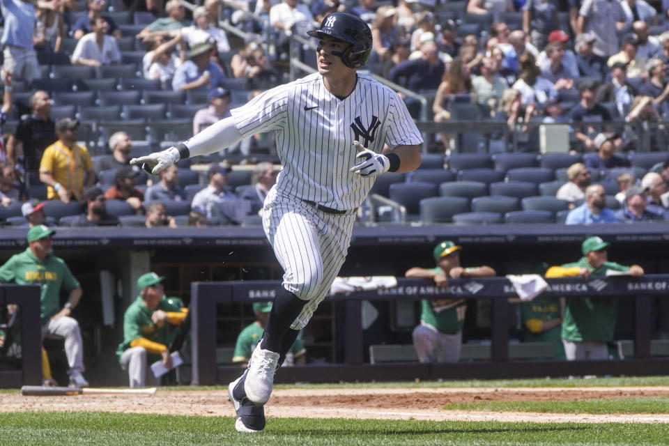 New York Yankees' Anthony Volpe run the bases after hitting a grand slam in the fifth inning against Oakland Athletics, Wednesday, May 10, 2023, in New York. (AP Photo/Bebeto Matthews)