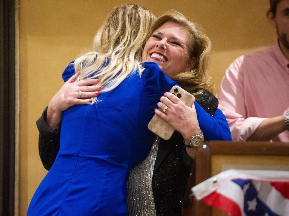 Elaine Davis hugs a supporter Nov. 8, 2022, during the Republican election party at the Crowne Plaza in Knoxville.