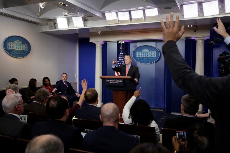 White House press secretary Sean Spicer takes questions during the daily press briefing at the James Brady Press Briefing Room of the White House. (Photo: Yuri Gripas/Reuters)