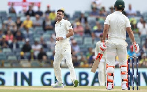 Jimmy Anderson takes his first wicket of the match, dismissing Mitchell Marsh for 181 - Credit: Robert Cianflone - CA/Cricket Australia/Getty Images