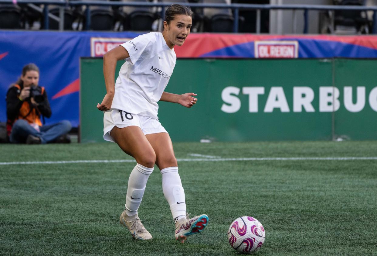 Oct 1, 2023; Seattle, Washington, USA; North Carolina Courage midfielder Frankie Tagliaferri (19) passes the ball against OL Reign at Lumen Field. Mandatory Credit: Stephen Brashear-USA TODAY Sports