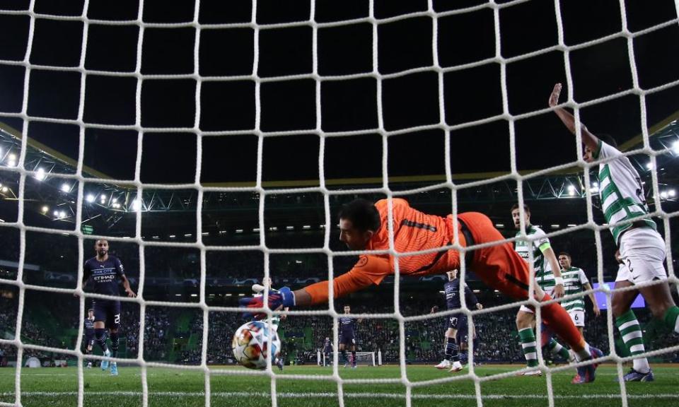 A behind the goal view of Riyad Mahrez (left) scoring Manchester City’s opening goal against Sporting.