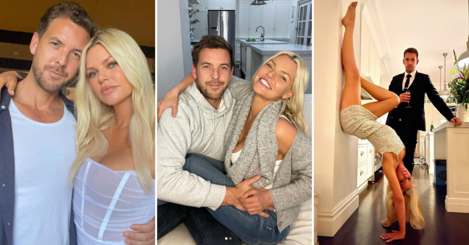 Sophie Monk poses at home in various shots with fiancé Joshua Gross. 