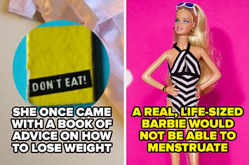 little book accessory caption reads she once came with a book on how to lose weight and barbie doll caption reads a real barbie couldn't menstruate