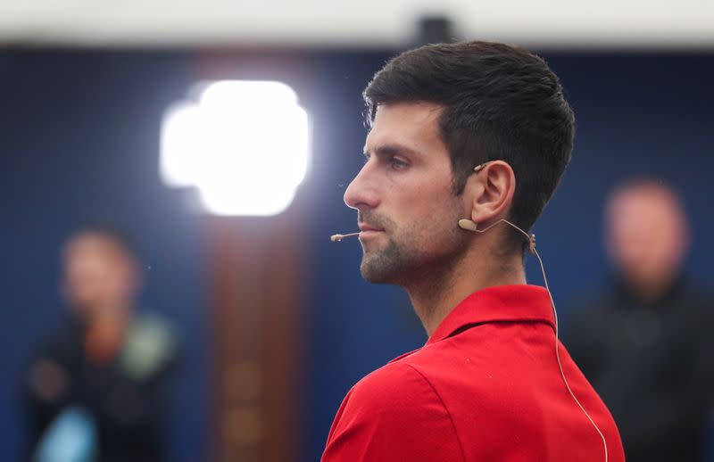 World number one tennis player Novak Djokovic holds a news conference, in Belgrade