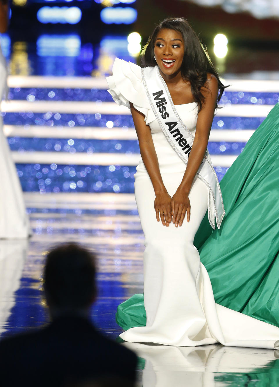 Miss New York Nia Franklin reacts after being named Miss America 2019, Sunday, Sept. 9, 2018, in Atlantic City, N.J. (AP Photo/Noah K. Murray)