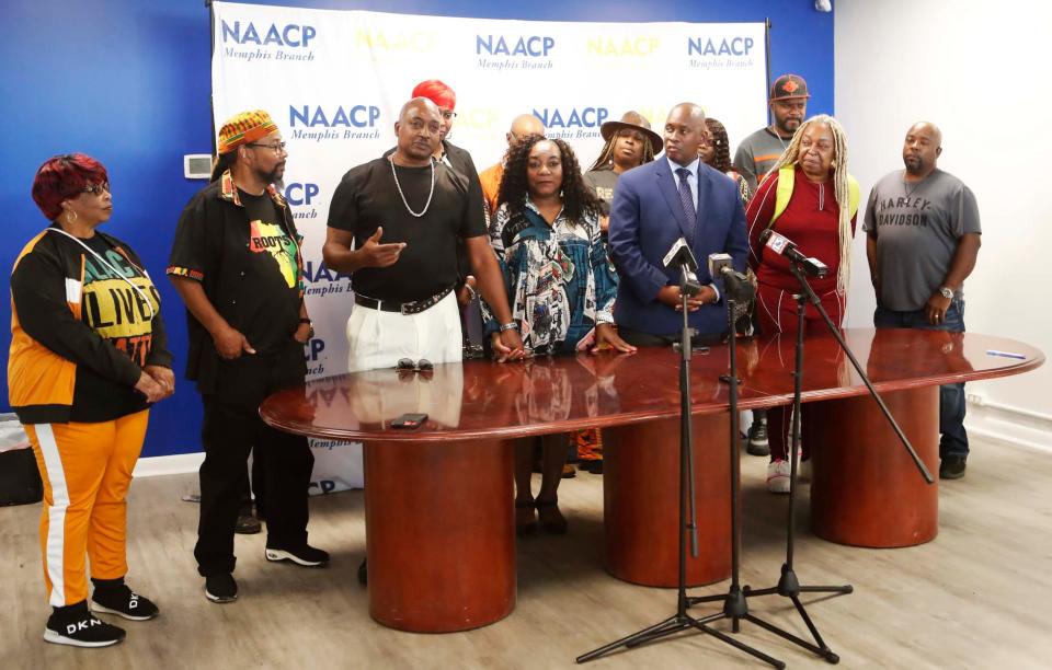 Courtney Anderson (black shirt), who was freed from jail in 2022 after serving 25 years of a 163-year sentence for a nonviolent offense, speaks during a press conference about how he and his supporters are calling on elected officials to stop an appellate court’s overturning of the a decision to free him at the NAACP Memphis Chapter headquarters on November 06, 2023 in Memphis, Tenn.