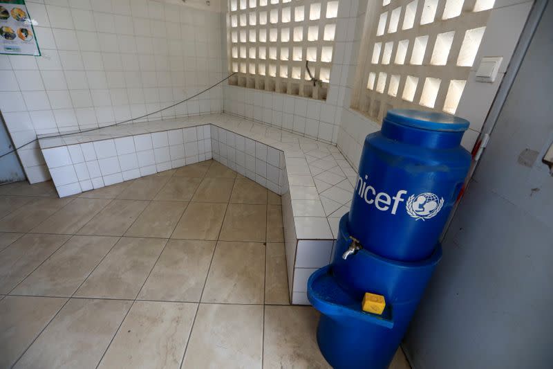 A handwashing station is seen at a medical center in Pikine, on the outskirts of Dakar