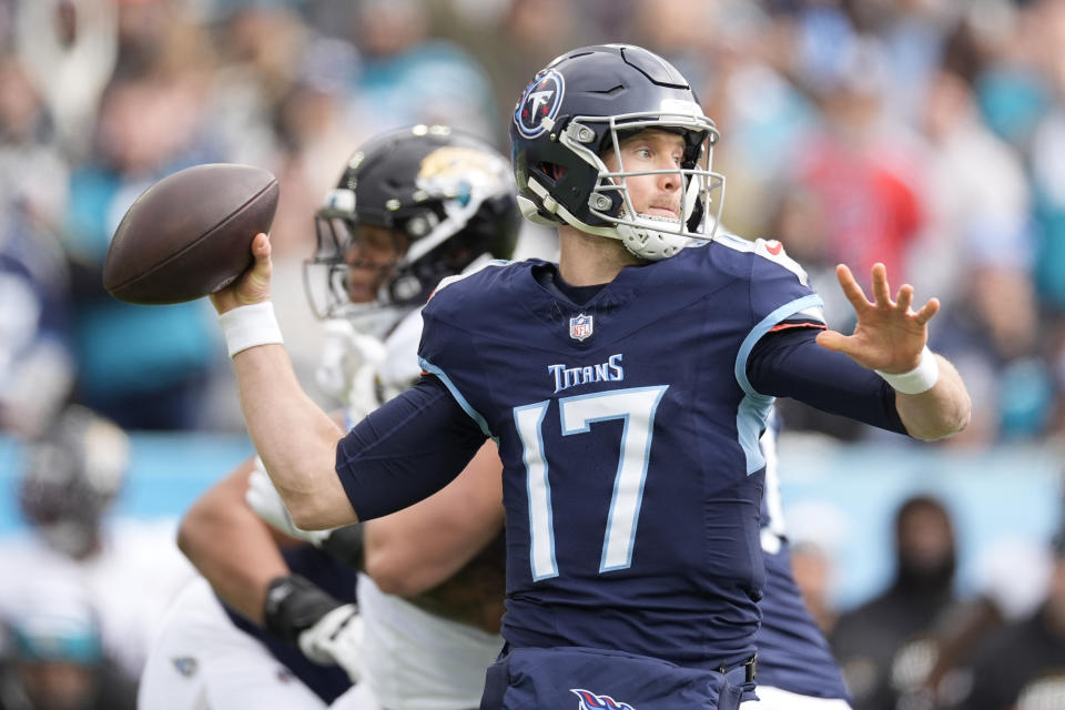 Tennessee Titans quarterback Ryan Tannehill (17) looks to pass against the Jacksonville Jaguars during the first half of an NFL football game Sunday, Jan. 7, 2024, in Nashville, Tenn. (AP Photo/George Walker IV)