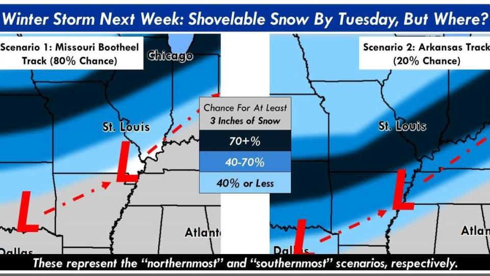 The National Weather Service Thursday released a map that shows the various possibilities of the St. Louis metro area getting at least three inches of snow.