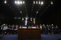 <p>Former Director of National Intelligence James Clapper (L) and former U.S. Deputy Attorney General Sally Yates are sworn in before testifying to the Senate Judicary Committee’s Subcommittee on Crime and Terrorism in the Hart Senate Office Building on Capitol Hill May 8, 2017 in Washington, DC. Before being was fired by U.S. President Donald Trump, Yates testified that she had warned the White House about contacts between former National Security Advisor Michael Flynn and Russia that might make him vulnerable to blackmail. (Chip Somodevilla/Getty Images) </p>