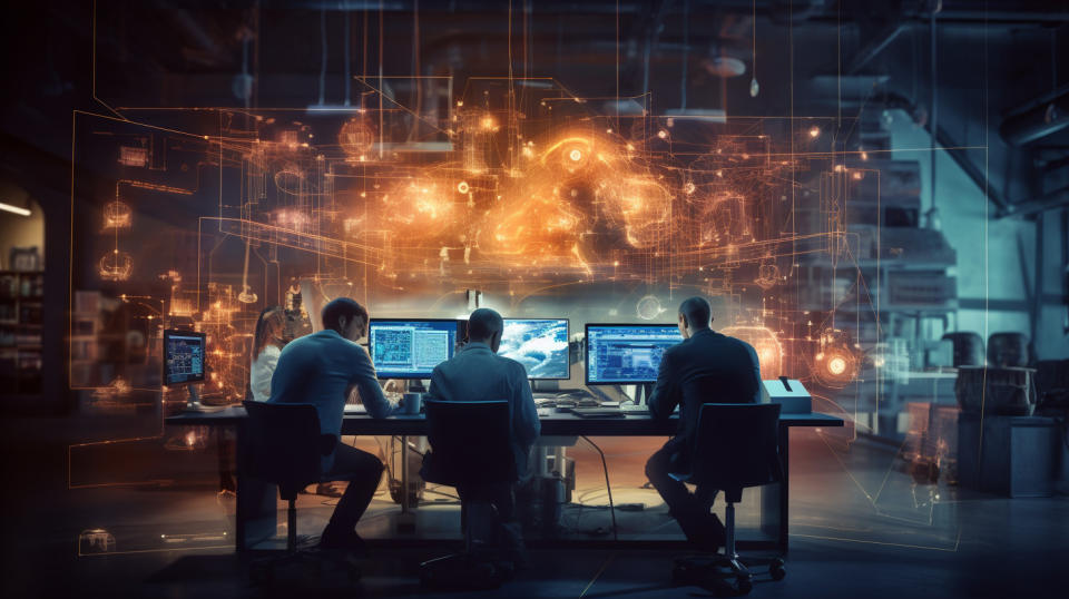 A team of engineers and scientists collaborating at a workstation surrounded by their applications and solutions.