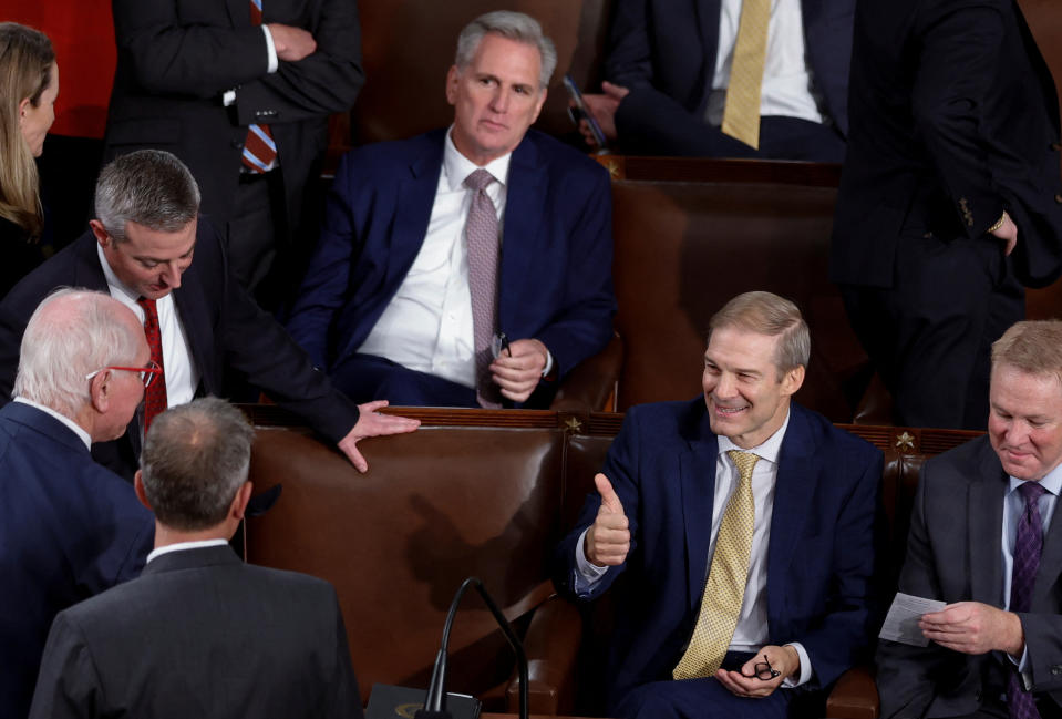 Jim Jordan shows optimism on the House floor shortly before the first round of voting for a new speaker.