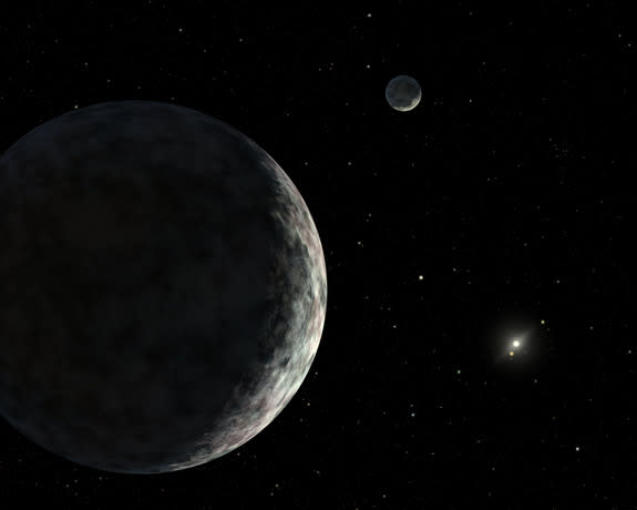 An artist's concept of the dwarf planet Eris and its moon Dysnomia. The sun is the small star in the distance.