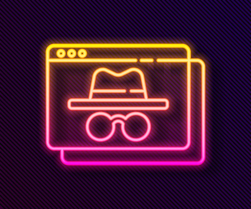 Glowing neon line Browser incognito window icon isolated on black background.  Vector.