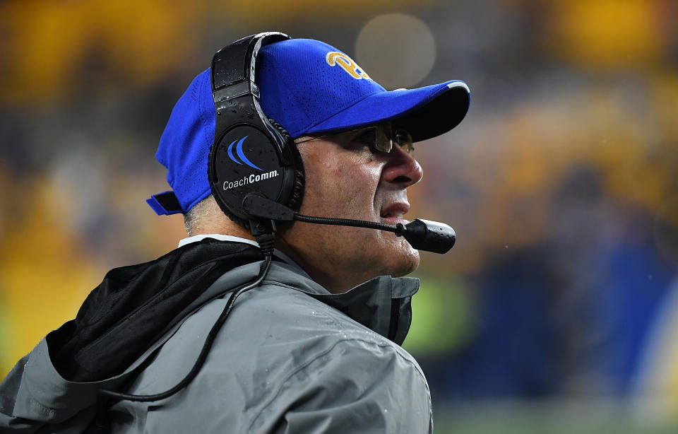 PITTSBURGH, PA - OCTOBER 01: head coach Pat Narduzzi of the Pittsburgh Panthers looks on from the sidelines in the first quarter of the game against the Georgia Tech Yellow Jackets at Acrisure Stadium on October 1, 2022 in Pittsburgh, Pennsylvania. (Photo by Justin Berl/Getty Images)