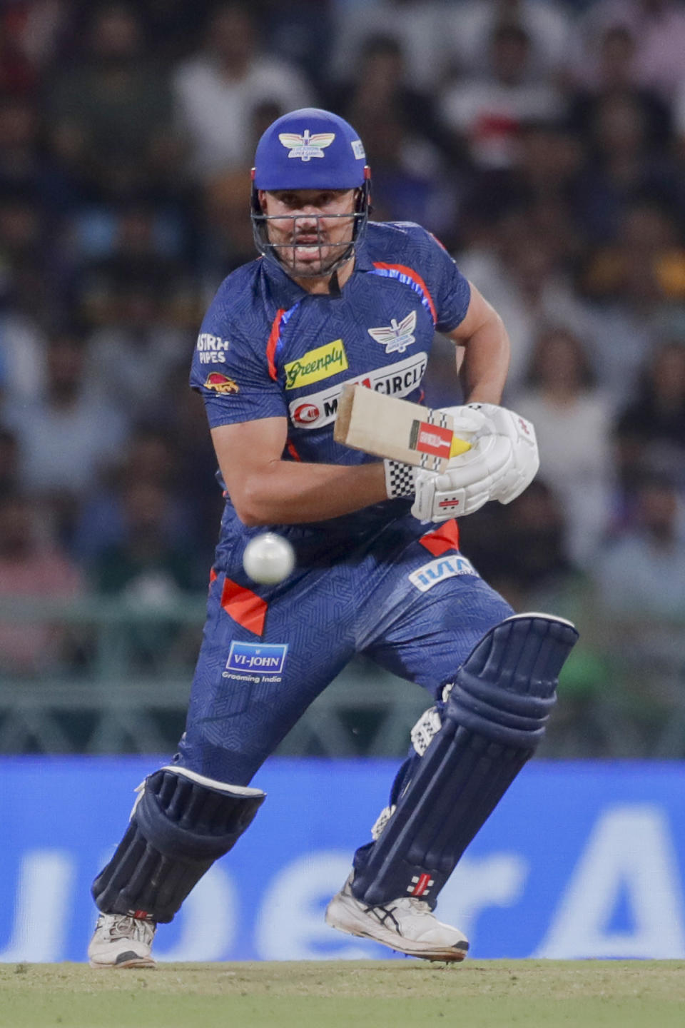 Lucknow Super Giants' Marcus Stoinis plays a shot during the Indian Premier League cricket match between Lucknow Super Giants and Mumbai Indians in Lucknow, India, Tuesday, April 30, 2024. (AP Photo/Pankaj Nangia)