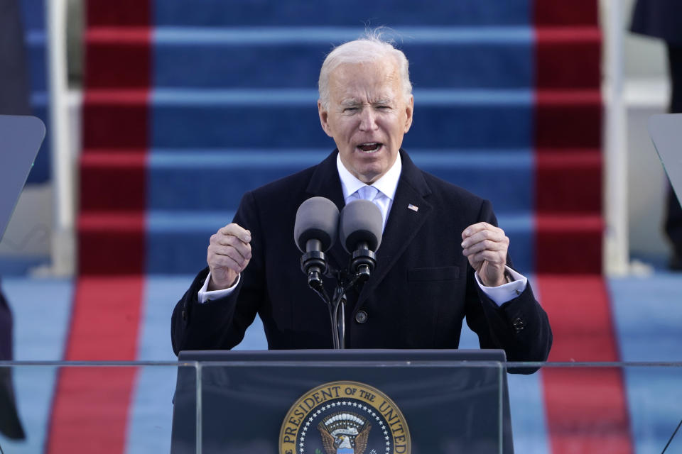 President Joe Biden speaks during the 59th Presidential Inauguration at the U.S. Capitol in Washington, Wednesday, Jan. 20, 2021.(AP Photo/Patrick Semansky, Pool)