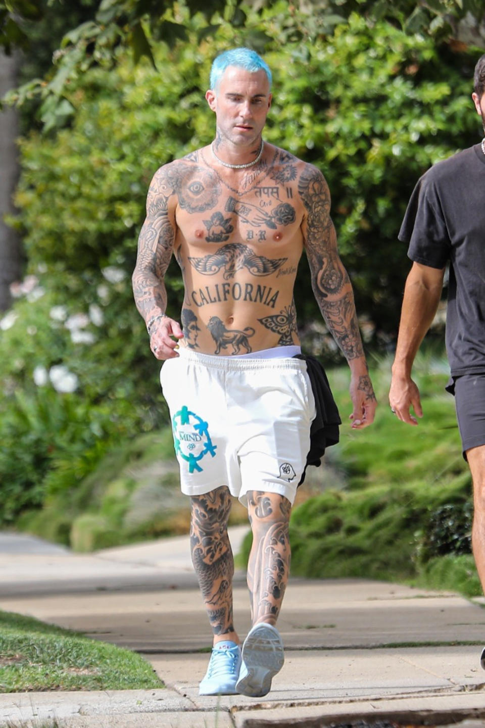 Adam Levine debuted bright blue hair while walking in Los Angeles on Monday. (Backgrid)