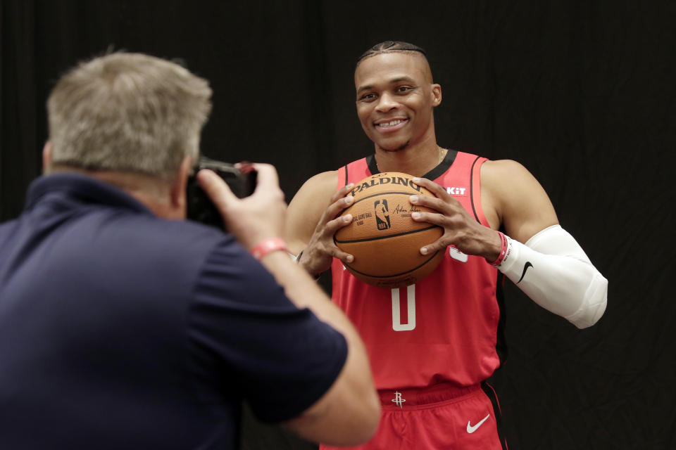 Houston Rockets' Russell Westbrook is photographed during NBA basketball media day Friday, Sept. 27, 2019, in Houston. (AP Photo/Michael Wyke)