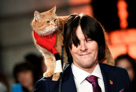 Bob the cat poses with his owner James Bowen as they arrive for the world premiere of "A Street Cat Named Bob" at The Curzon Mayfair in London, Britain November 3, 2016. REUTERS/Dylan Martinez